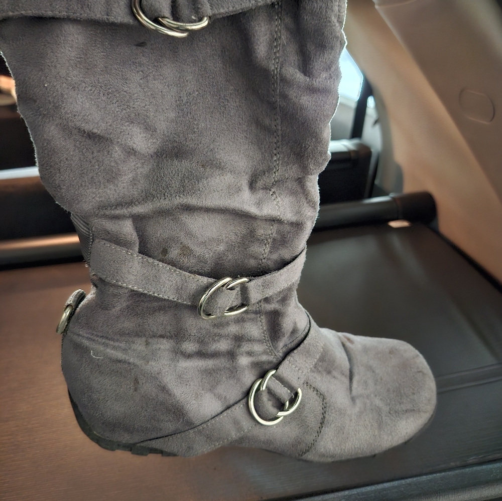 Gray Suede Buckle Boots